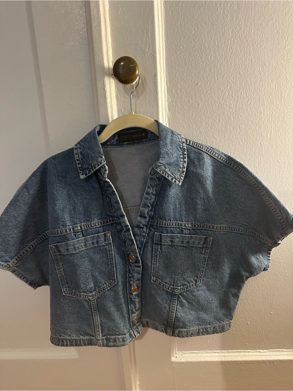 Zara Blue Cropped Denim Button-Down Shirt